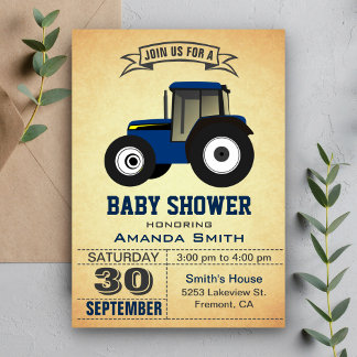 Blue Farm Tractor Baby Shower Invitation