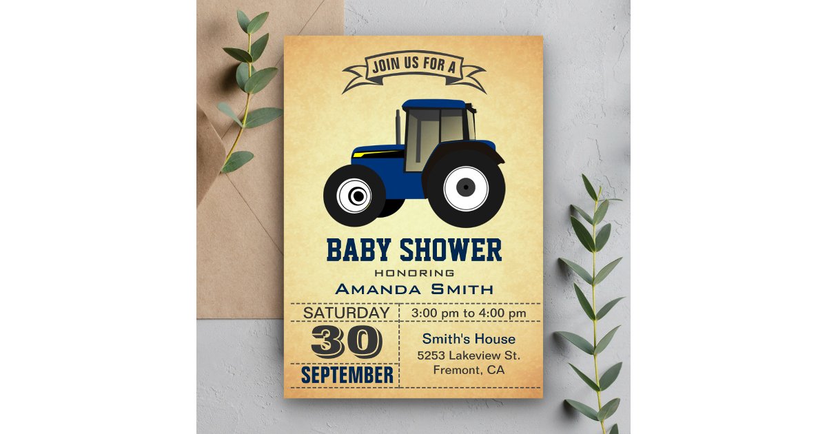 Blue Farm Tractor Baby Shower Invitation | Zazzle