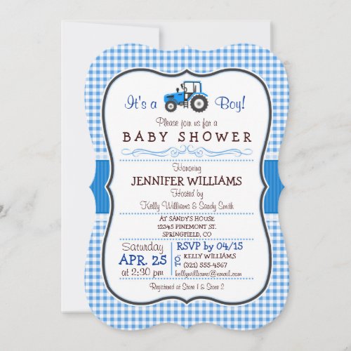 Blue Farm Tractor Boy Baby Shower Invitation