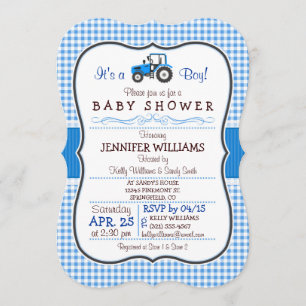 Blue Farm Tractor Boy Baby Shower Invitation