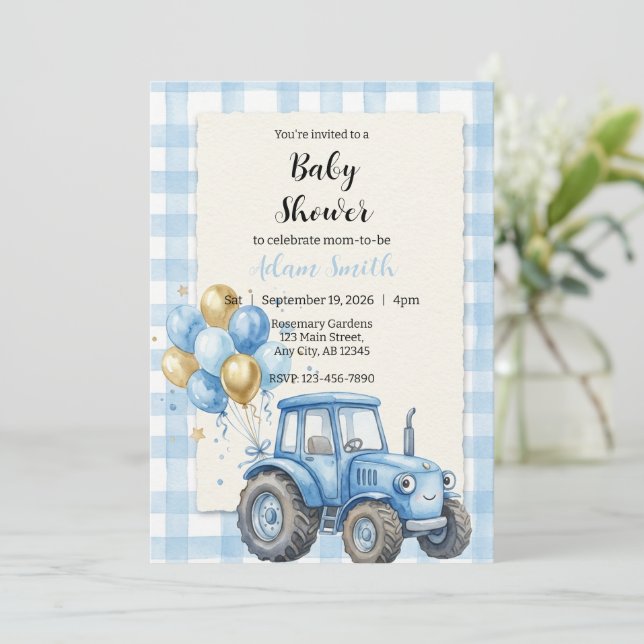 Blue Farm Tractor Boy Baby Shower Invitation (Standing Front)