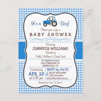 Blue Farm Tractor Boy Baby Shower Invitation