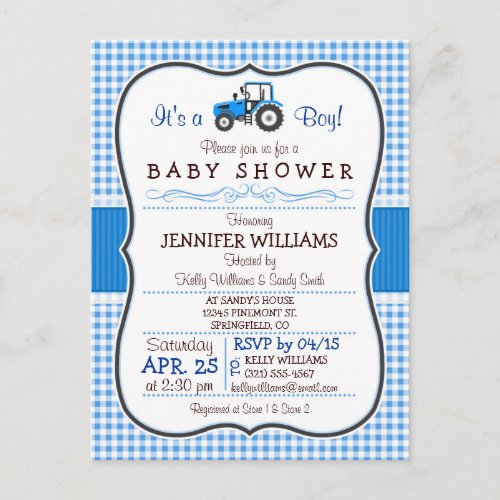 Blue Farm Tractor Boy Baby Shower Invitation