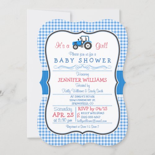 Blue Farm Tractor Country Girl Baby Shower Invitation