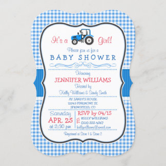 Blue Farm Tractor, Country Girl Baby Shower Invitation