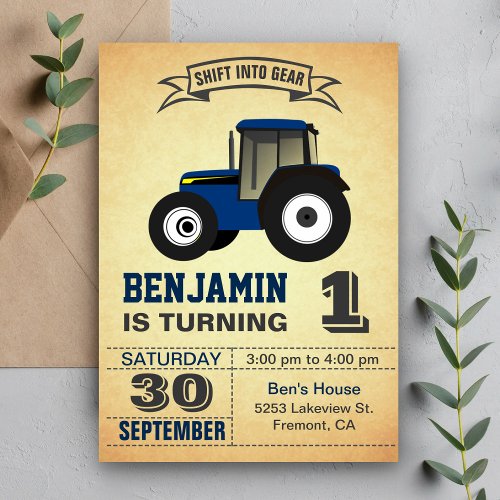 Blue Farm Tractor First Birthday Party Invitation