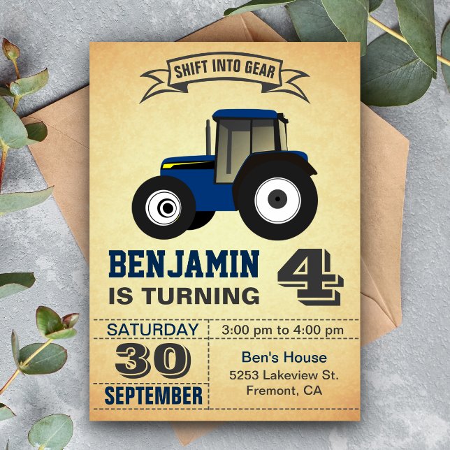 Blue Farm Tractor Kids Birthday Party Invitation
