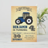 Blue Farm Tractor Kids Birthday Party Invitation (Standing Front)