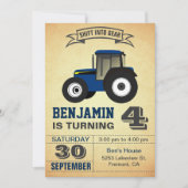 Blue Farm Tractor Kids Birthday Party Invitation (Front)
