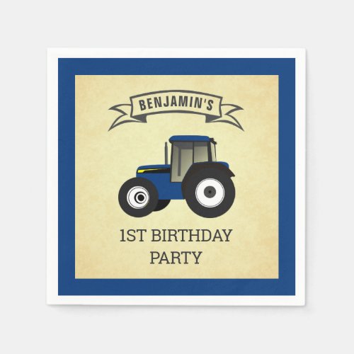 Blue Farm Tractor Kids Birthday Party Napkins