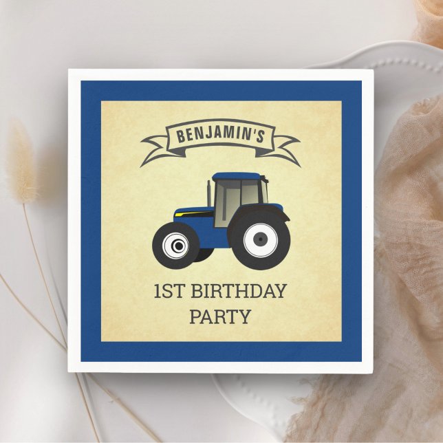 Blue Farm Tractor Kids Birthday Party Napkins (Creator Uploaded)