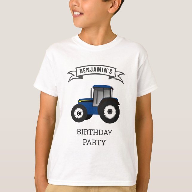 Blue Farm Tractor Kids Birthday Party T-Shirt (Front)