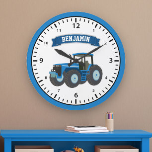 Blue Farm Tractor Personalized Name Kids Room Large Clock