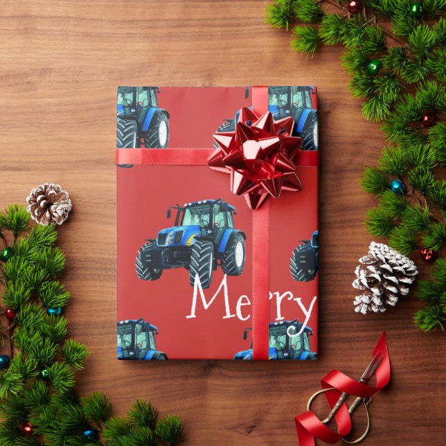 Blue Farm Tractors on Red Christmas Wrapping Paper (Holiday Gift)