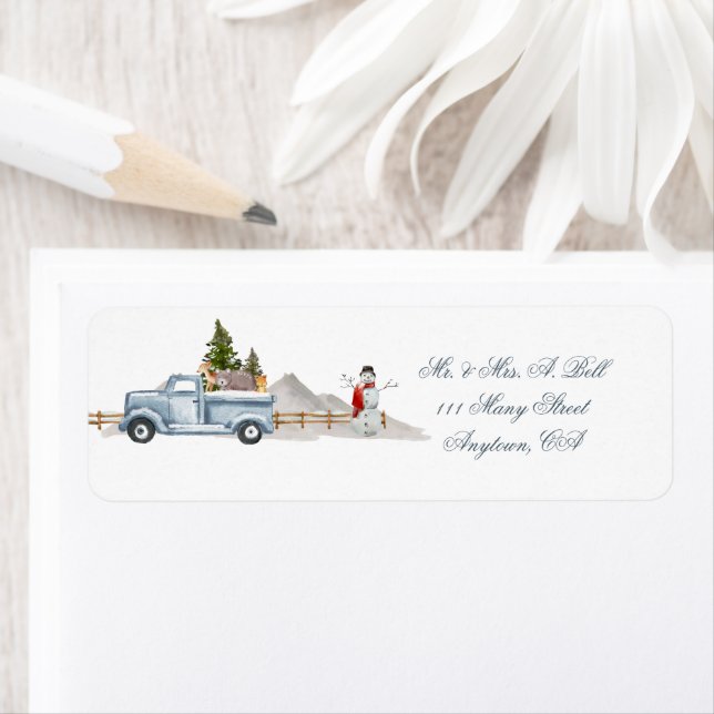 Blue Farm Truck and Snowman Label (Insitu)