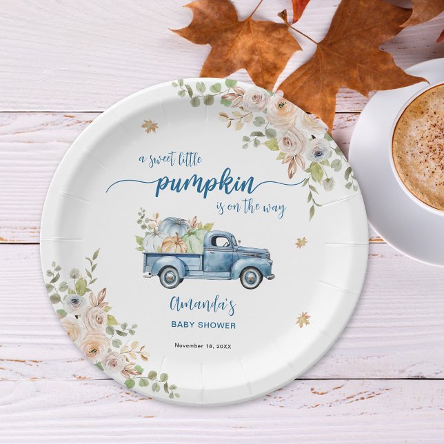 Blue Farm Truck Little Pumpkins Baby Shower Paper Plates (Creator Uploaded)
