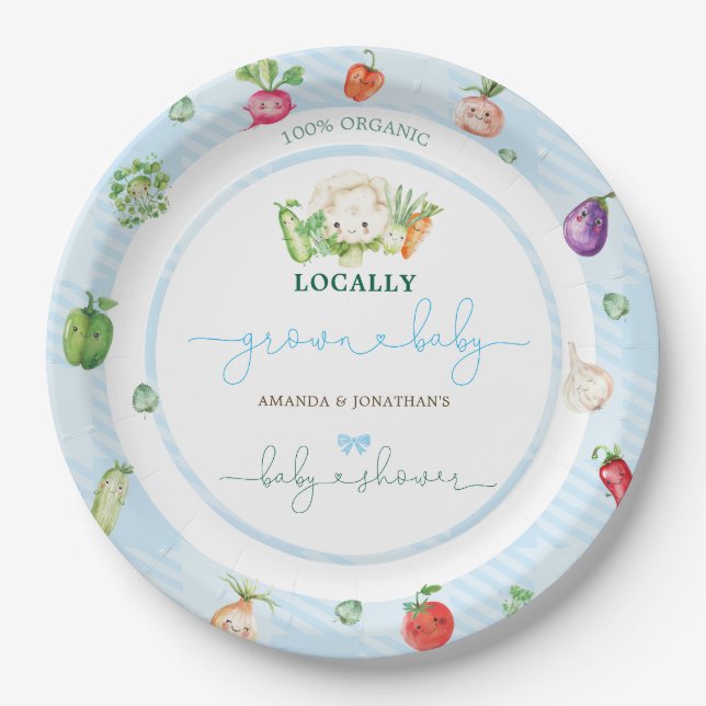 Blue Farm Vegetables Boy Baby Shower Paper Plates (Front)