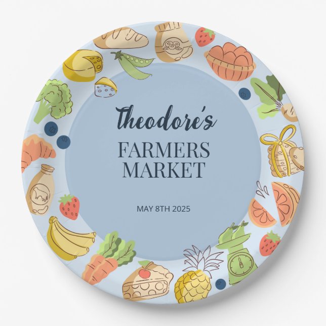 Blue Farmers Market Birthday Fruit & Vegetables Paper Plates (Front)