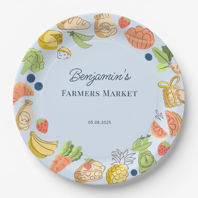 Blue Farmers Market Farm Fresh Birthday Paper Plates (Front)