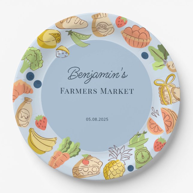 Blue Farmers Market Farm Fresh Birthday Paper Plates (Front)