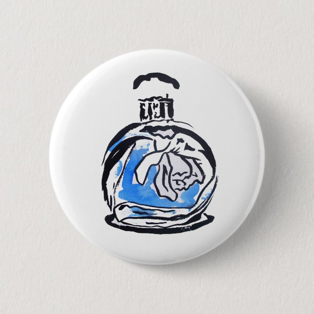 Blue fashion illustration perfume bottle pinback button (Front)
