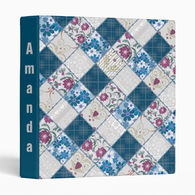 Blue fashionable rustic pattern of fabric scraps 3 ring binder (Front/Spine)