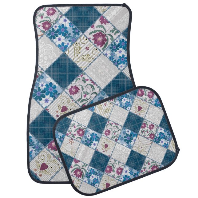 Blue fashionable rustic pattern of fabric scraps car floor mat (Set)