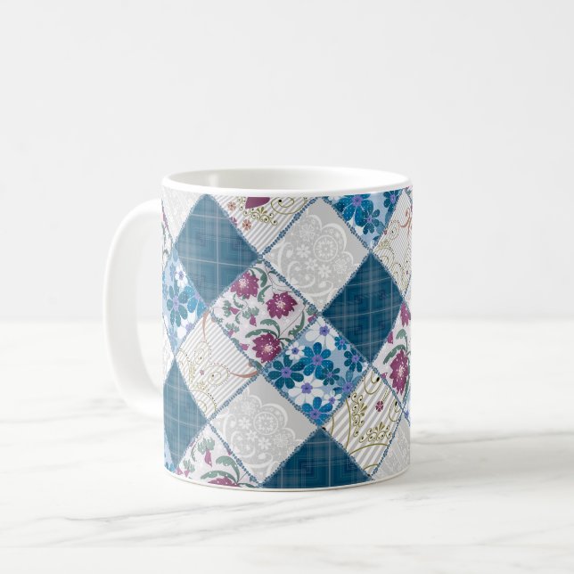 Blue fashionable rustic pattern of fabric scraps coffee mug (Front Left)