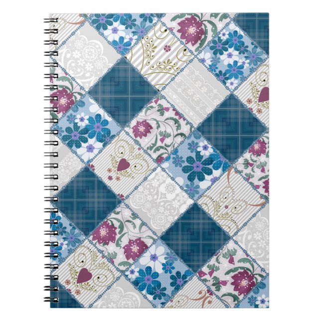 Blue fashionable rustic pattern of fabric scraps notebook (Front)