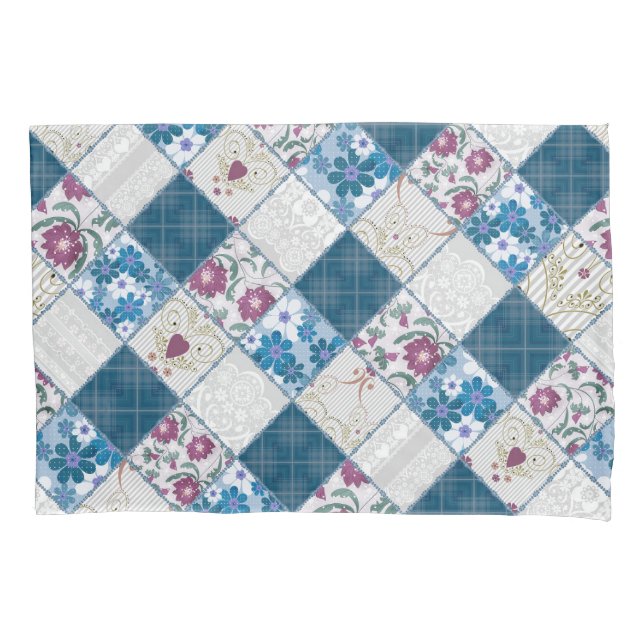 Blue fashionable rustic pattern of fabric scraps pillow case (Front)