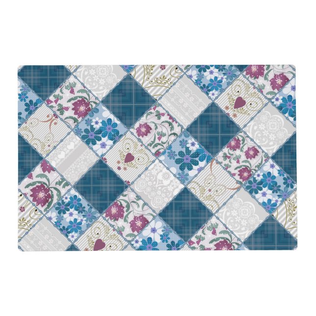 Blue fashionable rustic pattern of fabric scraps placemat (Front)