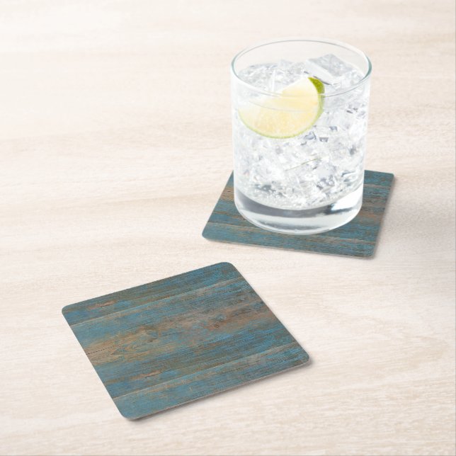 Blue Faux Beach Wood Texture Square Paper Coaster (Insitu)