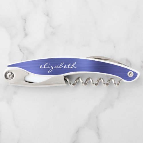 Blue Faux Brushed Metal Personalized Script Waiters Corkscrew