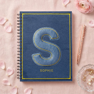 Blue Faux Denim Patch Letter S Initial Monogram Notebook