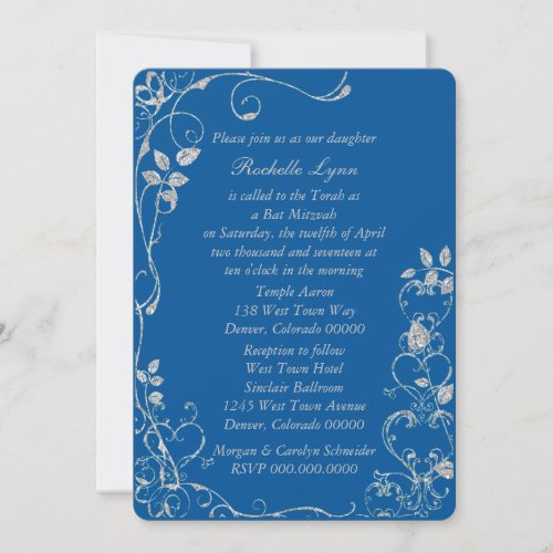 Blue Faux Diamond Heart Swirl Bat Mitzvah Invitation