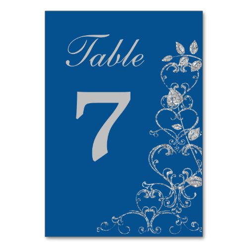 Blue Faux Diamond Heart Swirl Wedding Table Number