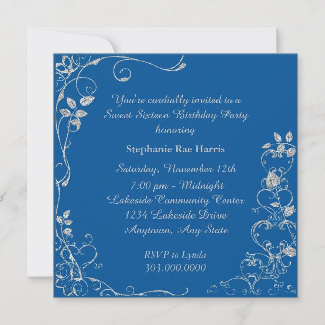 Blue Faux Diamond Swirl Sweet 16 Birthday Party Invitation (Front)