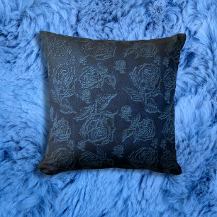 Blue Faux Embossed Rose Leather Throw Pillow