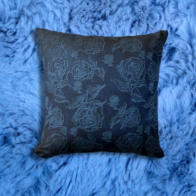 Blue Faux Embossed Rose Leather Throw Pillow (Creator Uploaded)