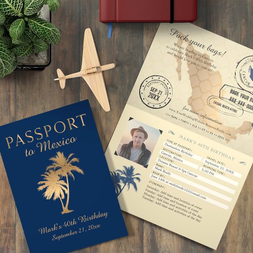 Blue Faux Foil Cancun Mexico Birthday Passport Invitation