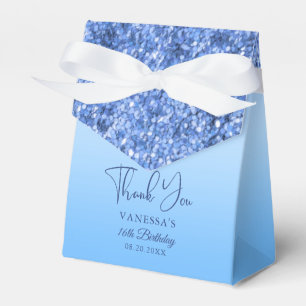 Blue Faux Glitter 16th Birthday Thank You Favor Boxes