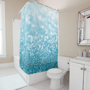 blue faux glitter and bokeh lights pattern shower curtain
