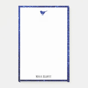 Blue Faux Glitter Bird & Border on White Post-it Notes