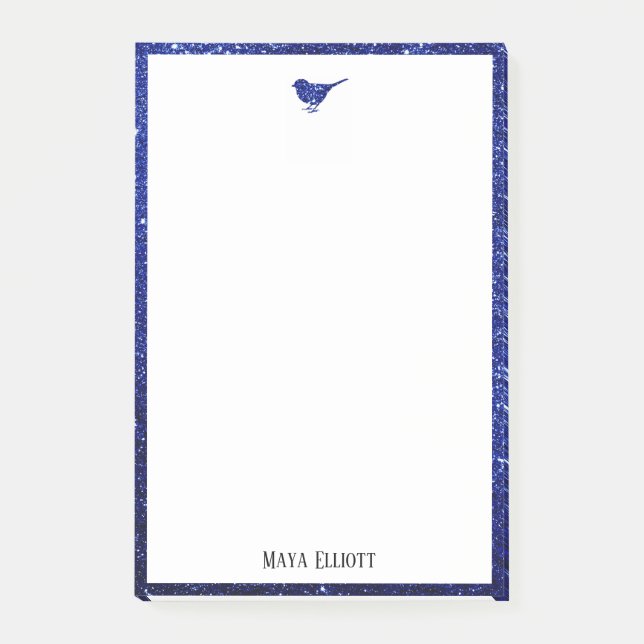 Blue Faux Glitter Bird & Border on White Post-it Notes (Front)