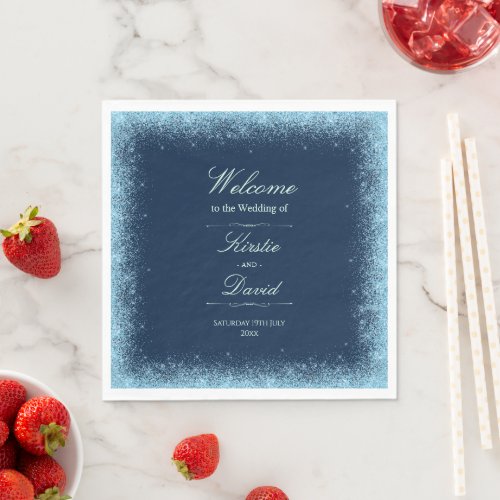 Blue Faux Glitter Border Wedding Napkins