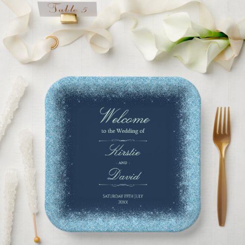 Blue Faux Glitter Border Wedding Paper Plates