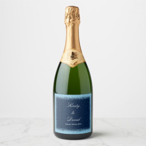 Blue Faux Glitter Border Wedding Sparkling Wine Label