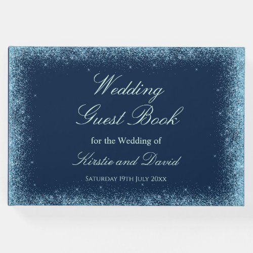 Blue Faux Glitter Borders Wedding Guest Book