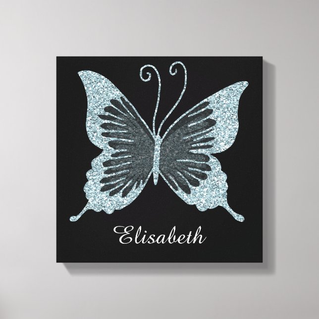 Blue Faux Glitter Butterfly Personalized Canvas Print (Front)