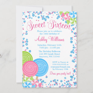Blue Faux Glitter Candy Theme Sweet 16 Invitation